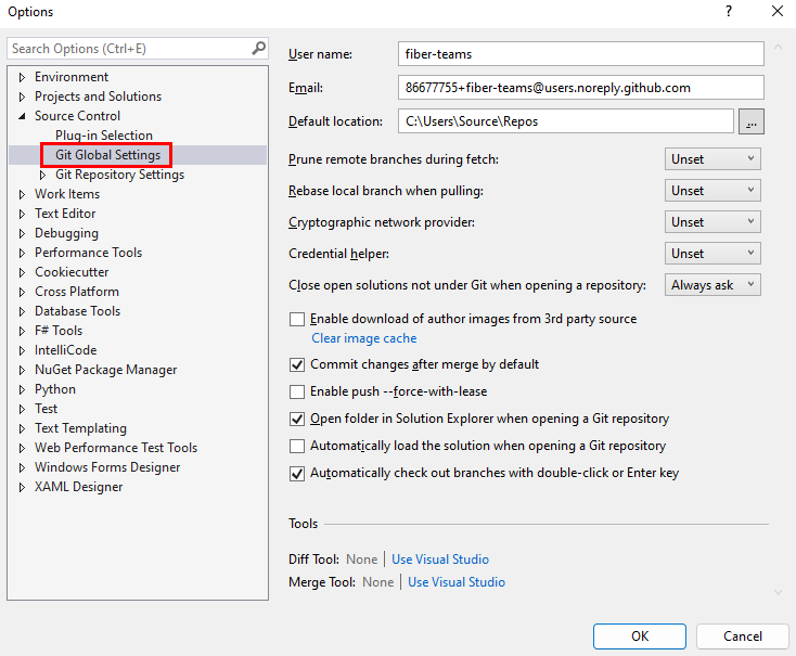 A Git Global Gépház képernyőképe a Visual Studio Beállítások párbeszédpanelén.