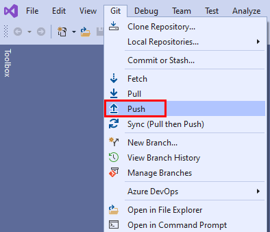 Képernyőkép a Visual Studio Git menüjének Leküldés lehetőségéről.