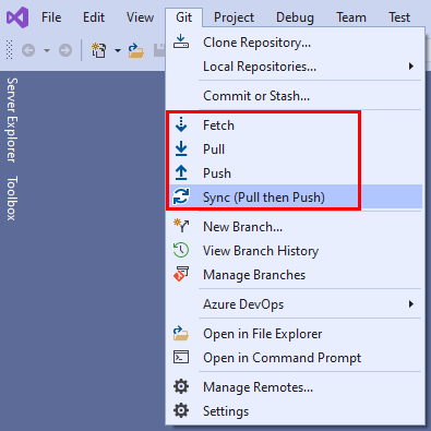 Képernyőkép a Visual Studio Git menüjének Beolvasás, Lekérés, Leküldés és Szinkronizálás lehetőségéről.