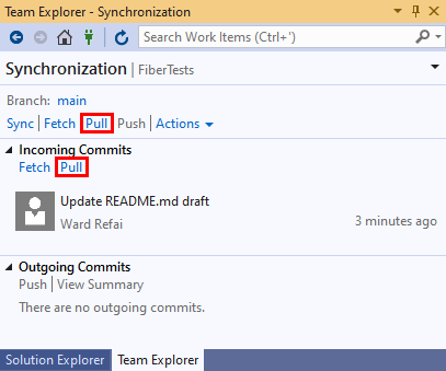 Képernyőkép a Visual Studio 2019 Team Explorer szinkronizálási nézetében található lekéréses hivatkozásról.