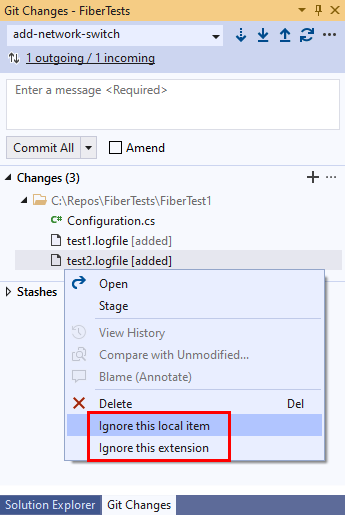 Képernyőkép a Visual Studio Git Changes ablakában a módosított fájlok helyi menüjének beállításairól.