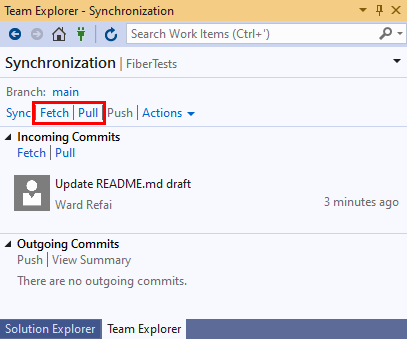 Képernyőkép a Visual Studio 2019 Team Explorer szinkronizálási nézetében található lekéréses hivatkozásról.
