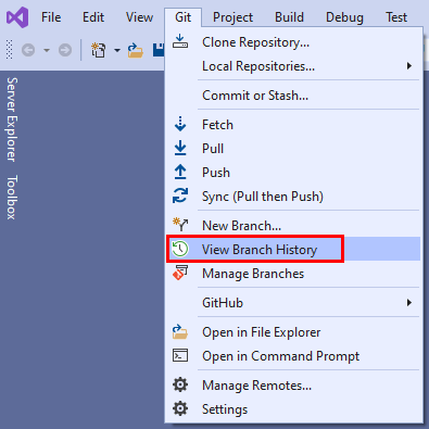 Képernyőkép a Visual Studio Git menüjének Ágelőzmények megtekintése lehetőségéről.