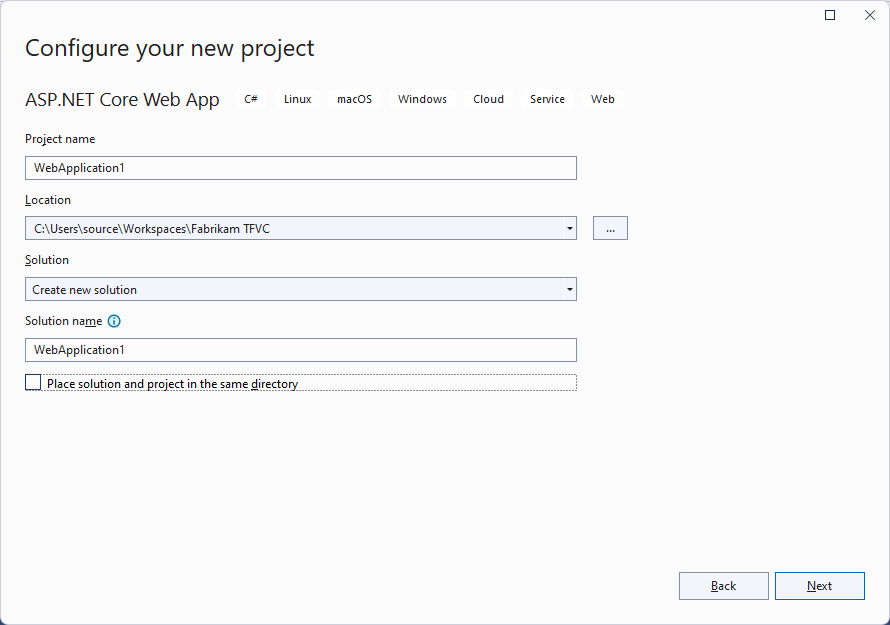Képernyőkép az új projekt konfigurálása párbeszédpanelről.