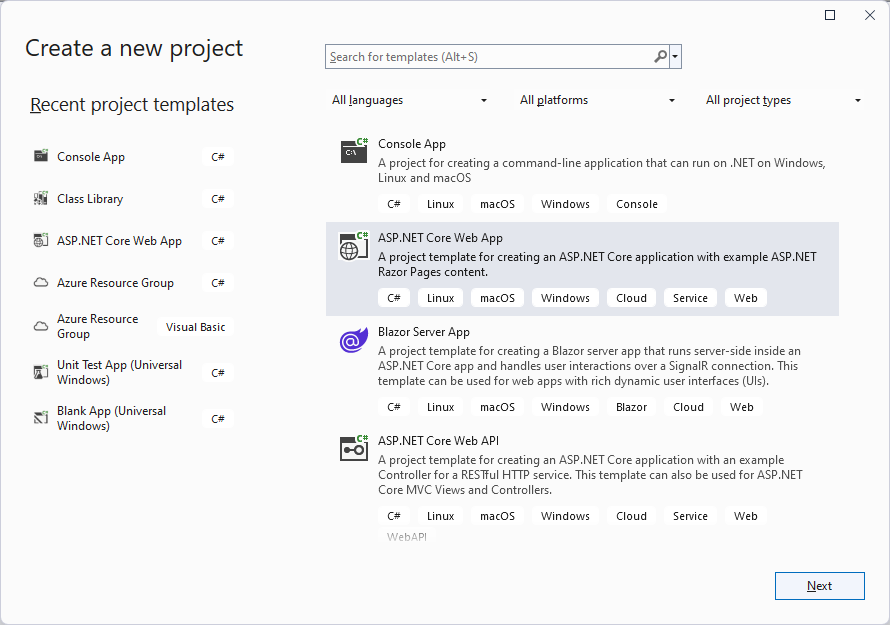 Képernyőkép az Új projekt létrehozása párbeszédpanelről.
