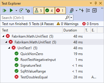 Képernyőkép a Unit Test Explorerről, amelyen az egyenlőség sikertelen tesztje látható.