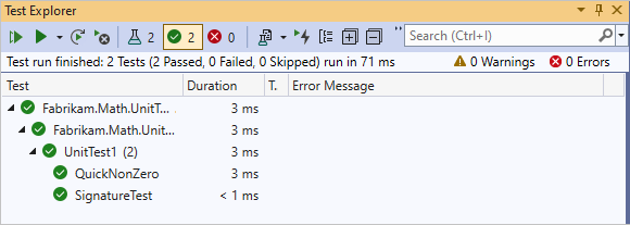 Képernyőkép a Unit Test Explorerről két sikeres teszttel.