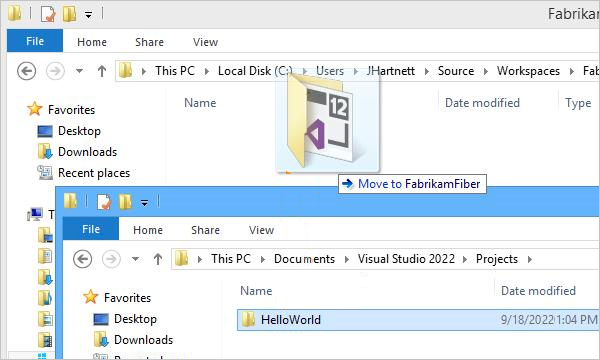Képernyőkép a forráskód munkaterületi mappába való áthelyezéséről.