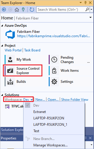 Képernyőkép a Team Explorerről, ahol kiválaszthatja a Forrásvezérlő kezelőt vagy a Munkaterületek kezelése lehetőséget.