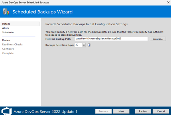 Képernyőkép a megadott hálózati biztonsági mentési útvonalról.