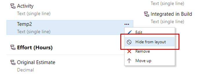 Az Elrejtés az elrendezésből lehetőséget ábrázoló képernyőkép.