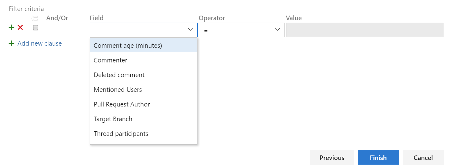 Képernyőkép a Szűrési feltételek lapról és a Mező legördülő lista tartalmáról.