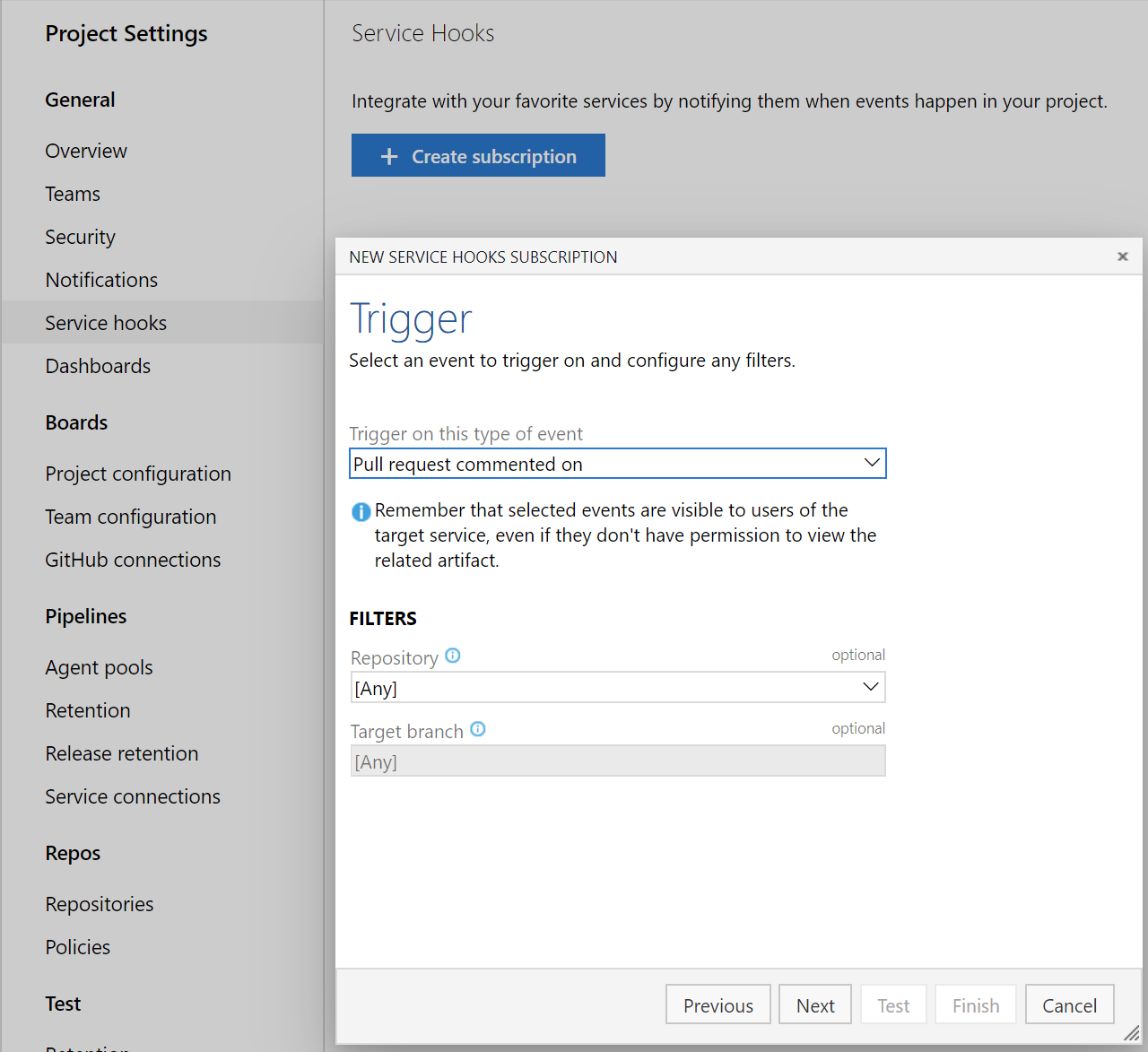 Az Új szolgáltatáshook-előfizetés varázsló képernyőképe.