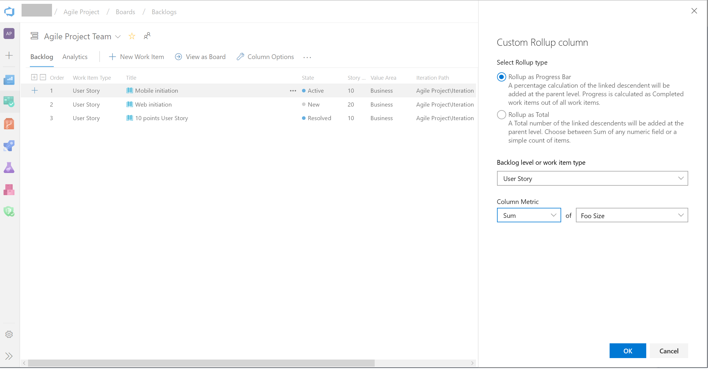 Képernyőkép az új egyéni oszlopot megjelenítő oszlopbeállítások panelről.