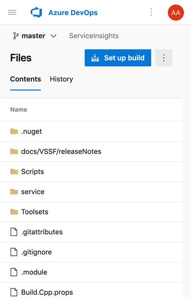 Képernyőkép az Azure Repos új mobil felhasználói felületéről.