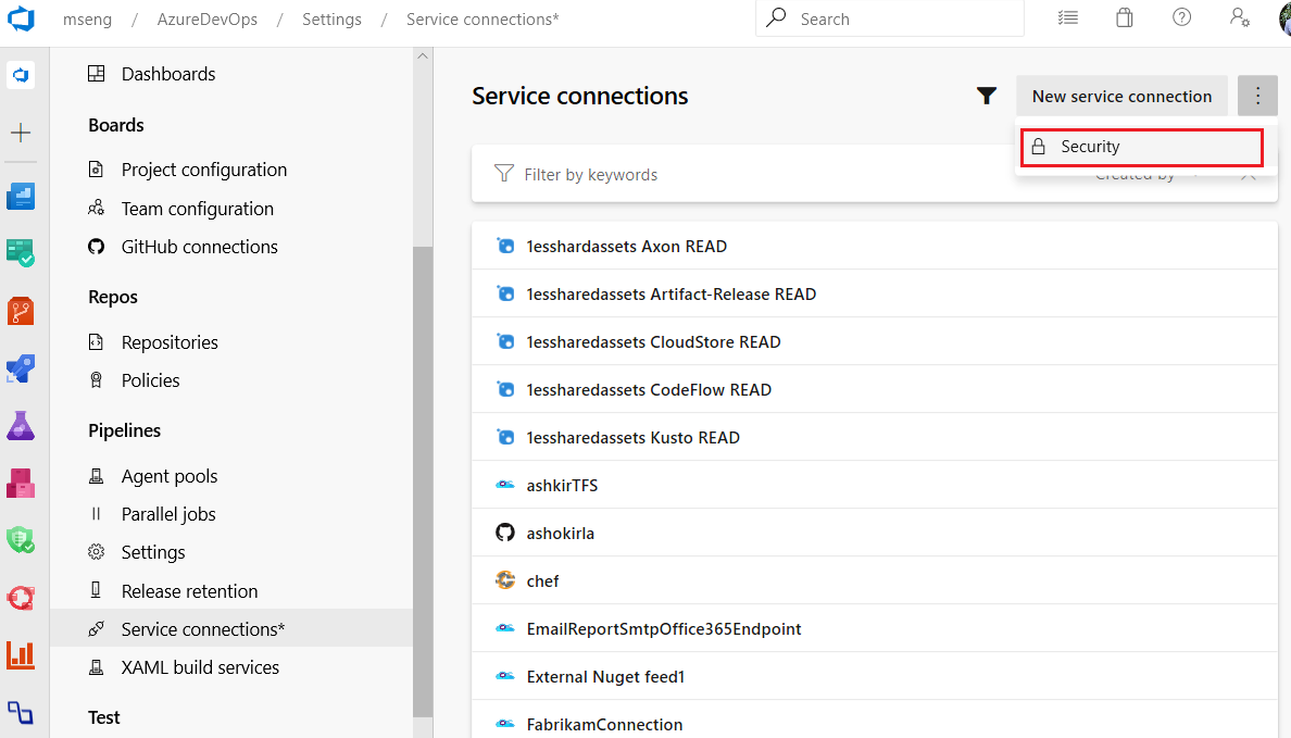 A Szolgáltatáskapcsolatok lap képernyőképe, amelyen megjelenik a Biztonsági beállítás.