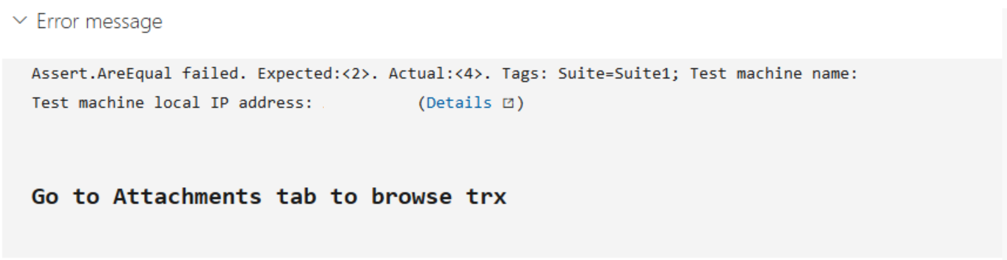 Képernyőkép a Markdown-támogatásról az automatizált tesztelési hibaüzenetekben.