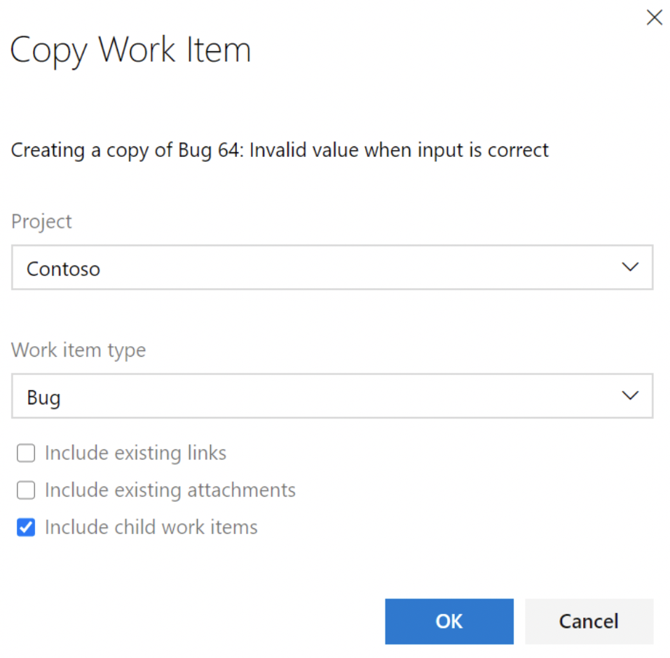 This page shows the new option in Azure Boards to Include child work items in a copied work item.