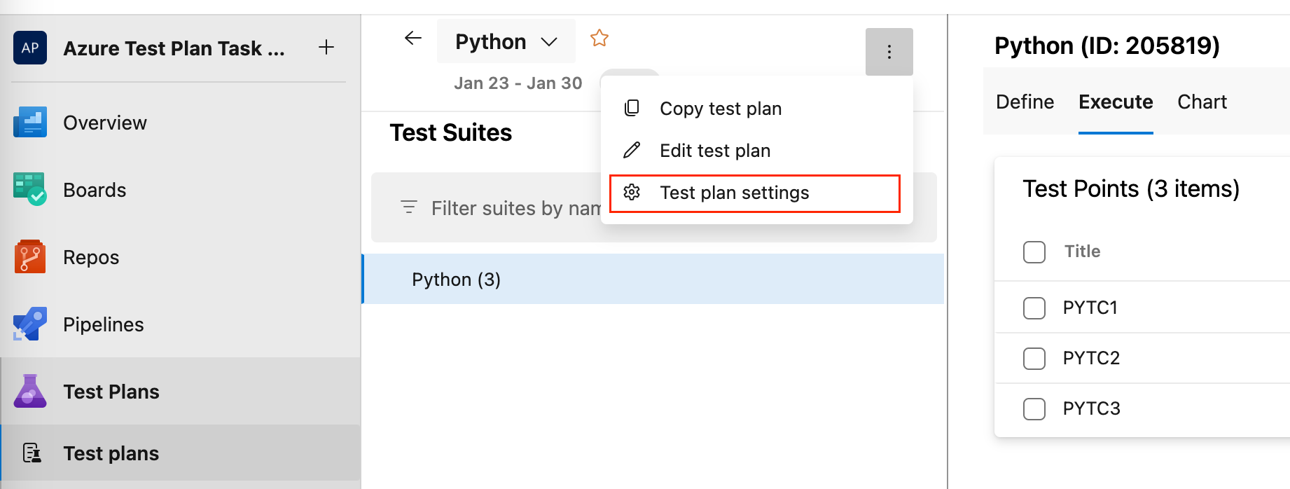 Képernyőkép a Tesztterv beállításainak kiválasztásáról.