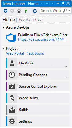Képernyőkép a Visual Studio 2019 Team Explorer kezdőlapjáról, amelyen a TFVC a forrásvezérlő.