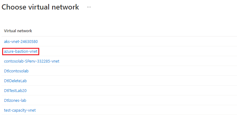 Képernyőkép a Virtuális hálózat kiválasztása lapról a virtuális hálózatok listájával.