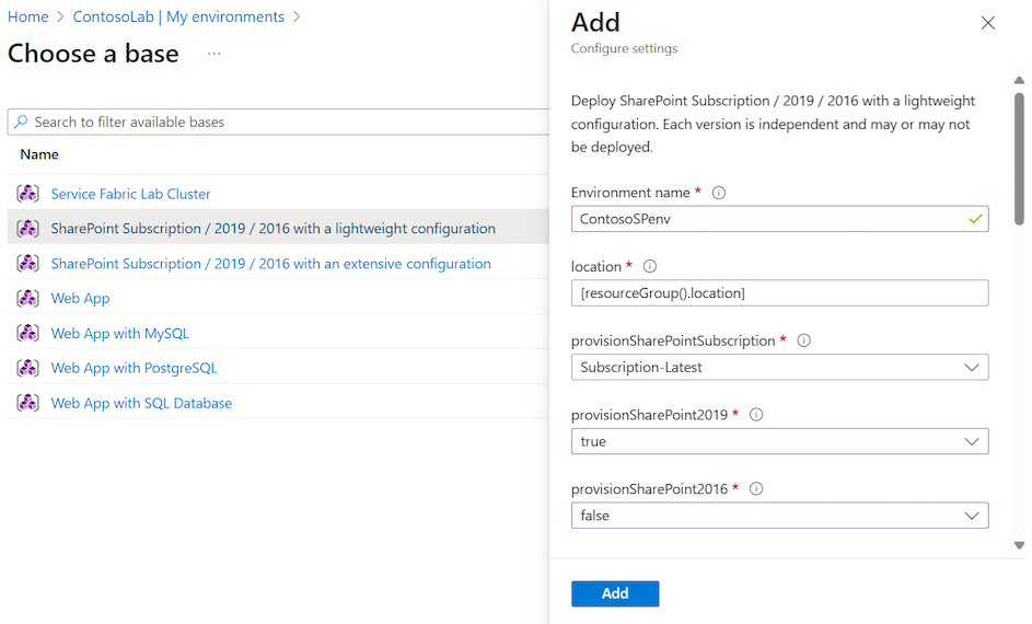 Képernyőkép a SharePoint-környezethez konfigurálni kívánt beállításokat tartalmazó Hozzáadás panelről.