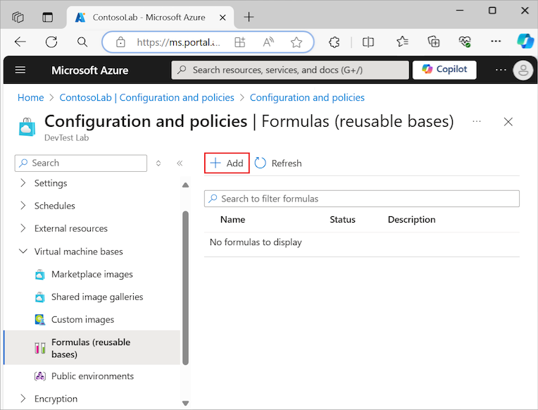 Képernyőkép a Képletek hozzáadása és a DevTest Labs újrahasználható alapjai beállításának kiválasztásáról.