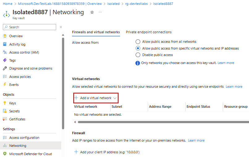 Képernyőkép a Key Vault hálózatkezelési paneljéről, amelyen a meglévő virtuális hálózat hozzáadása ki van emelve.