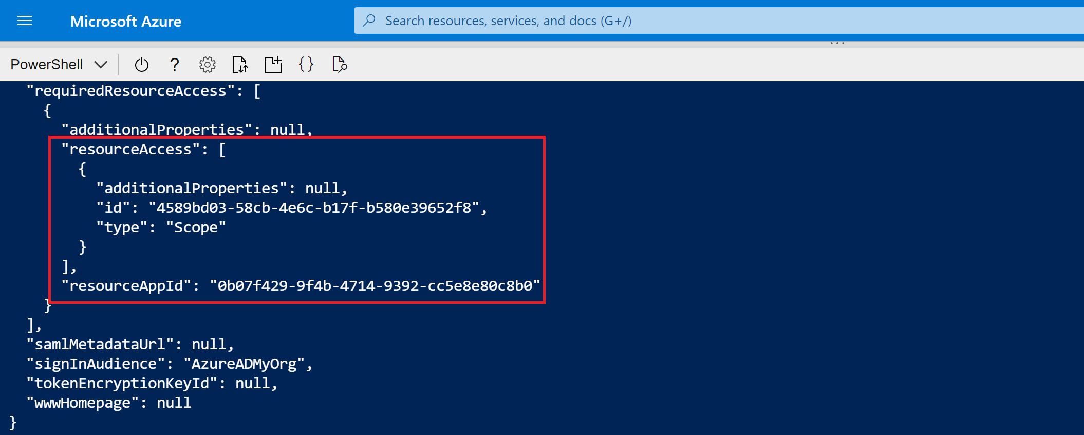 Képernyőkép az alkalmazásregisztrációs létrehozási parancs Cloud Shell-kimenetéről.
