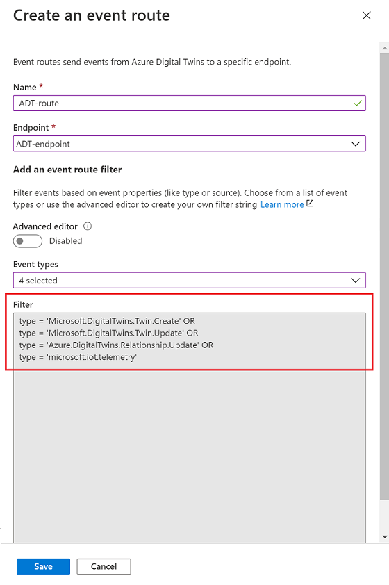 Screenshot of creating an event route with a basic filter in the Azure portal, highlighting the autopopulated filter text after selecting the events.