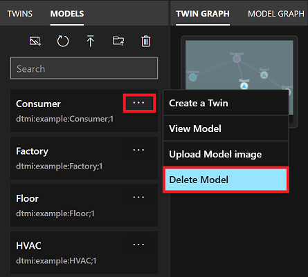 Képernyőkép az Azure Digital Twins Explorer Models panelről. Az egyetlen modell menüpontjai ki vannak emelve, és a Modell törlése menüpont is ki van emelve.