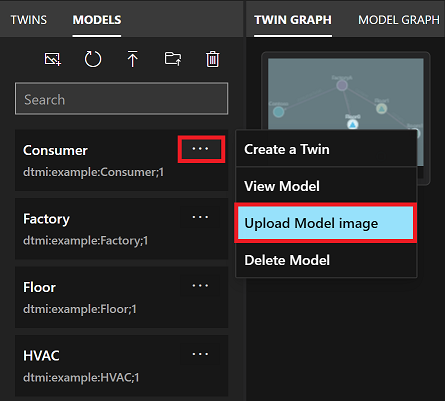 Képernyőkép az Azure Digital Twins Explorer Models panelről. Az egyetlen modell menüpontjai ki vannak emelve, és a Modellkép feltöltése menüpont is ki van emelve.