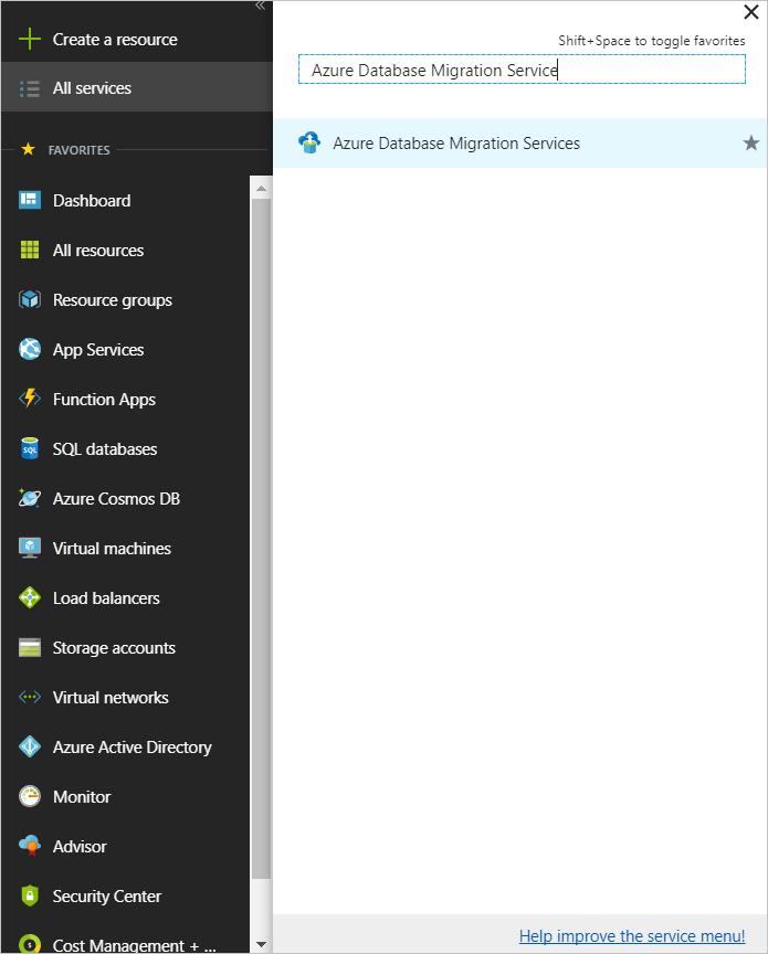 Képernyőkép az Azure Database Migration Service összes példányának megkereséséről.