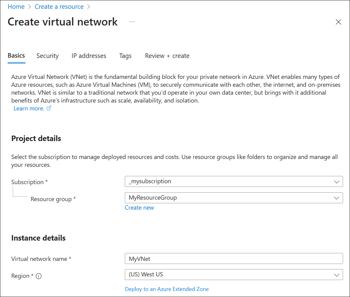 Képernyőkép egy virtuális hálózat alapszintű lapjának létrehozásáról.