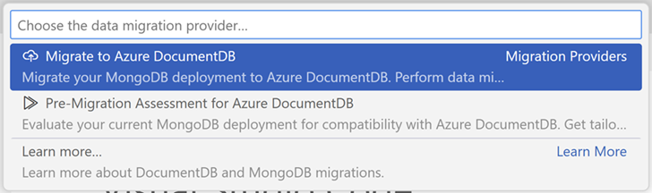 Képernyőkép a parancspalettáról, amely a migrációs lehetőséget mutatja a Visual Studio Code-ban.