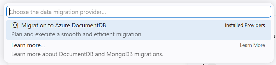 Képernyőkép a Visual Studio Code parancs palettájáról, amely migrációs eszközöket listáz.