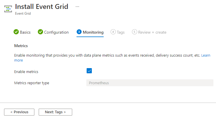 Event Grid-bővítmény telepítése – Monitorozás lap