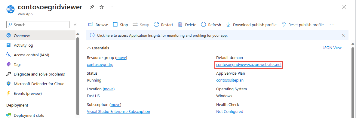 Képernyőkép az App Service-lapról, amelyen a webhelyre mutató hivatkozás van kiemelve.