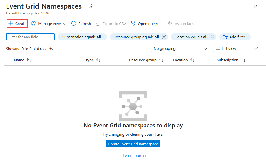 Képernyőkép az Event Grid névtereinek lapjáról, amelyen a Létrehozás gomb látható az eszköztáron.