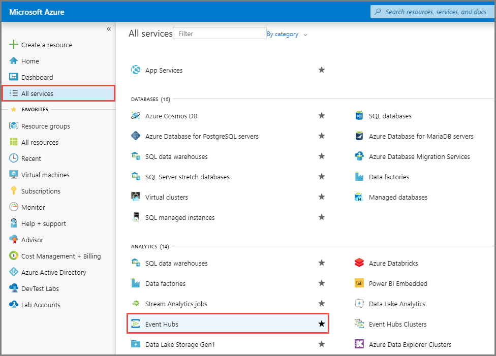 Képernyőkép az Event Hubs kiválasztásáról a Minden szolgáltatás lapon.
