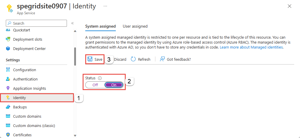 Képernyőkép az Identitás lapról, amelyen a rendszer által hozzárendelt identitás állapota BE értékre van állítva.