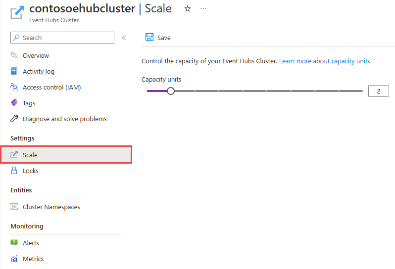 Képernyőkép az Event Hubs-fürt oldalÁnak Méretezés lapjáról.