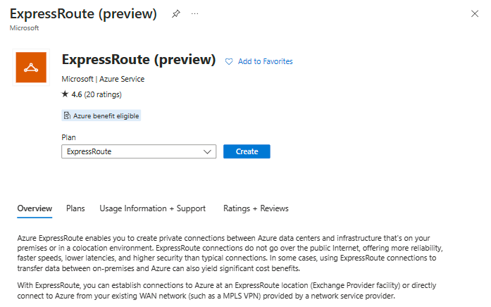Képernyőkép az ExpressRoute-kapcsolatcsoport-erőforrás előzetes létrehozási felületéről.