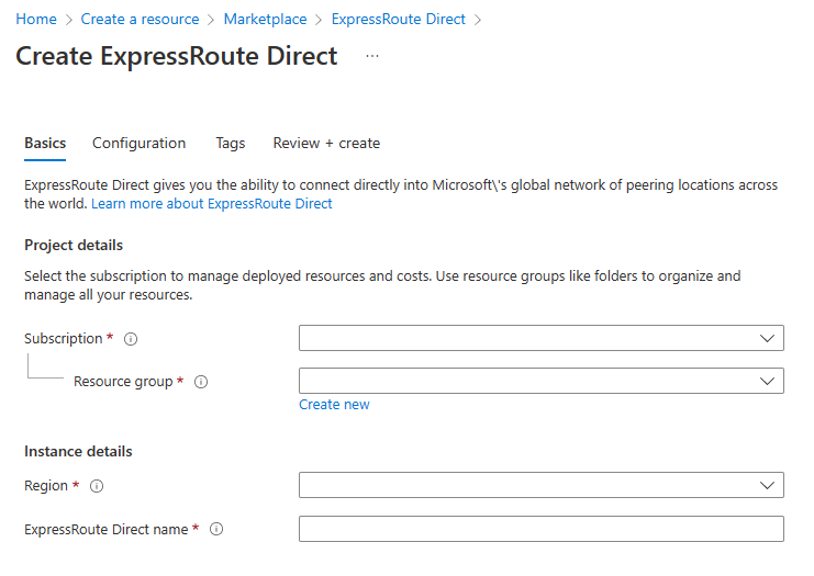 Képernyőkép az ExpressRoute Direct létrehozásának alapjai oldaláról.
