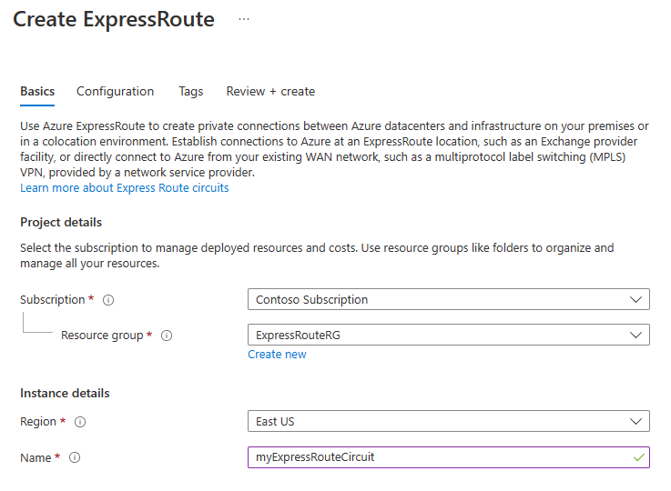 Képernyőkép az ExpressRoute-kapcsolatcsoport létrehozásának alapjai oldaláról.