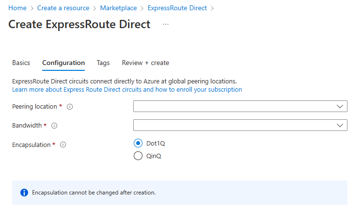 Képernyőkép az ExpressRoute Direct létrehozása lapról, amelyen a 