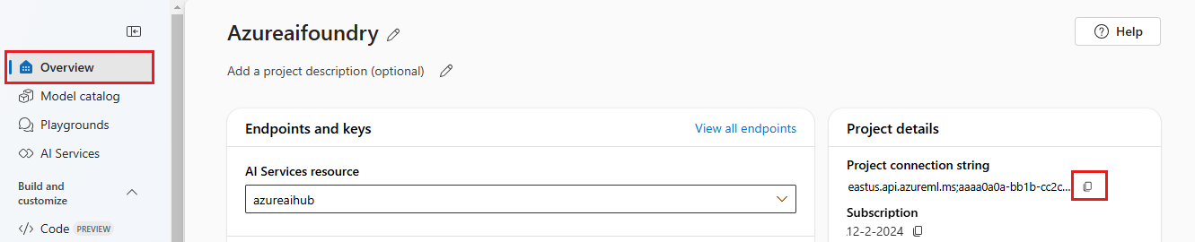 A screenshot a projekt áttekintő oldalát és a kapcsolati karakterlánc helyét jeleníti meg.