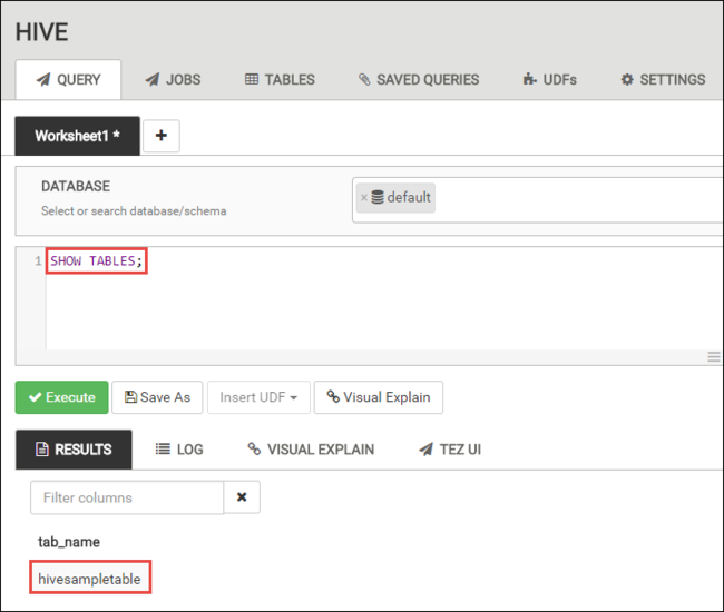 HDInsight Apache Hive-nézet eredményei.