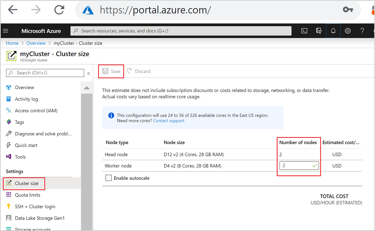 Az Azure Portal skálázási fürtbeállítása.