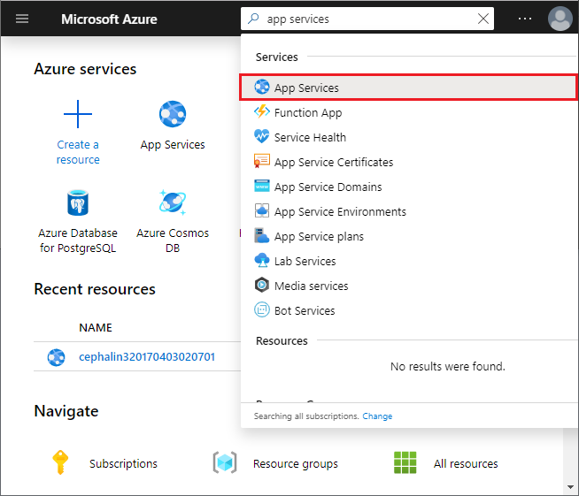 Képernyőkép a kijelölt Azure Portal, keresőmezőről és 